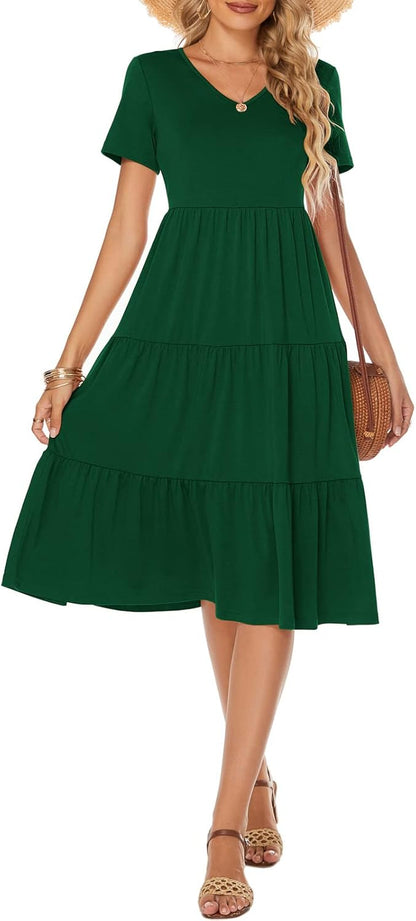 Women'S Casual Summer Tiered Midi Dress Short Sleeve V-Neck Loose Cotton Ruffle Babydoll Dress Boho Sundress