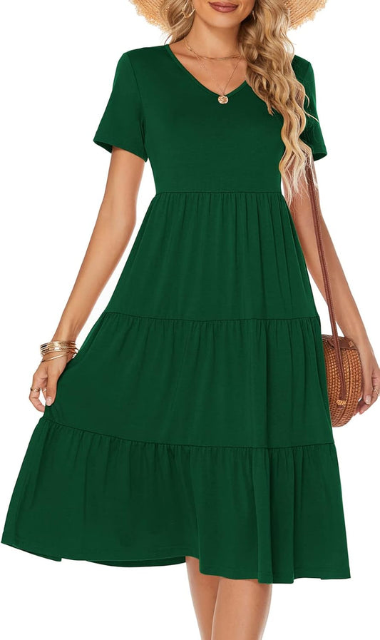 Women'S Casual Summer Tiered Midi Dress Short Sleeve V-Neck Loose Cotton Ruffle Babydoll Dress Boho Sundress